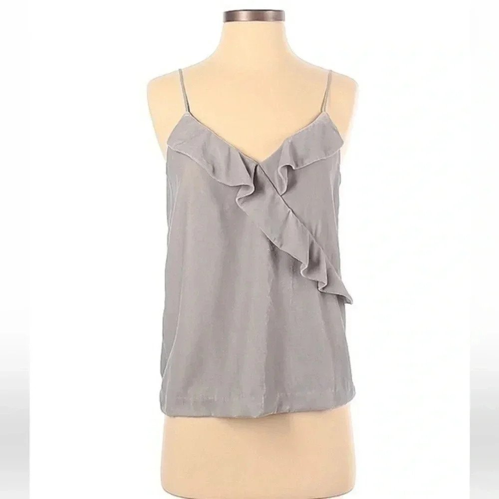 J. Crew Velvet Grey Ruffle Sleeveless Spaghetti Strap Camisole Blouse Size 0 XS